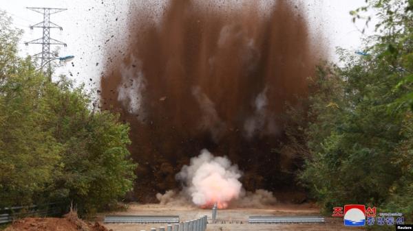 A section of the road and rail l<em></em>inks with South Korea is blasted, according to North Korea's state media, at an undisclosed location along the border area October 15, 2024, in this photo released by North Korea's official Korean Central News Agency October 17, 2024.