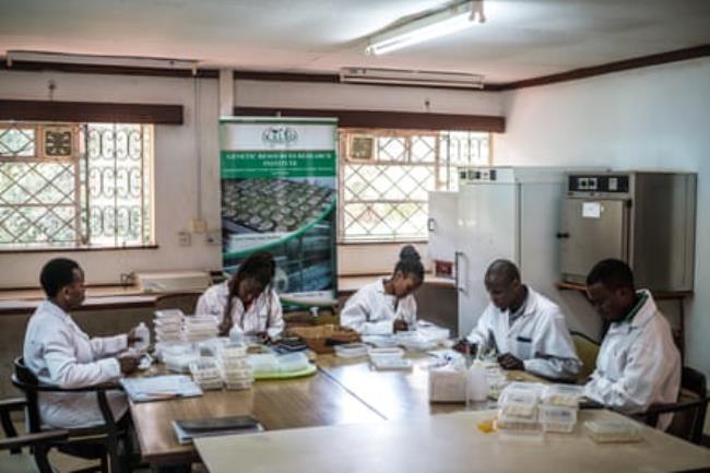 A group of people in white lab coats sit around a work table in a office